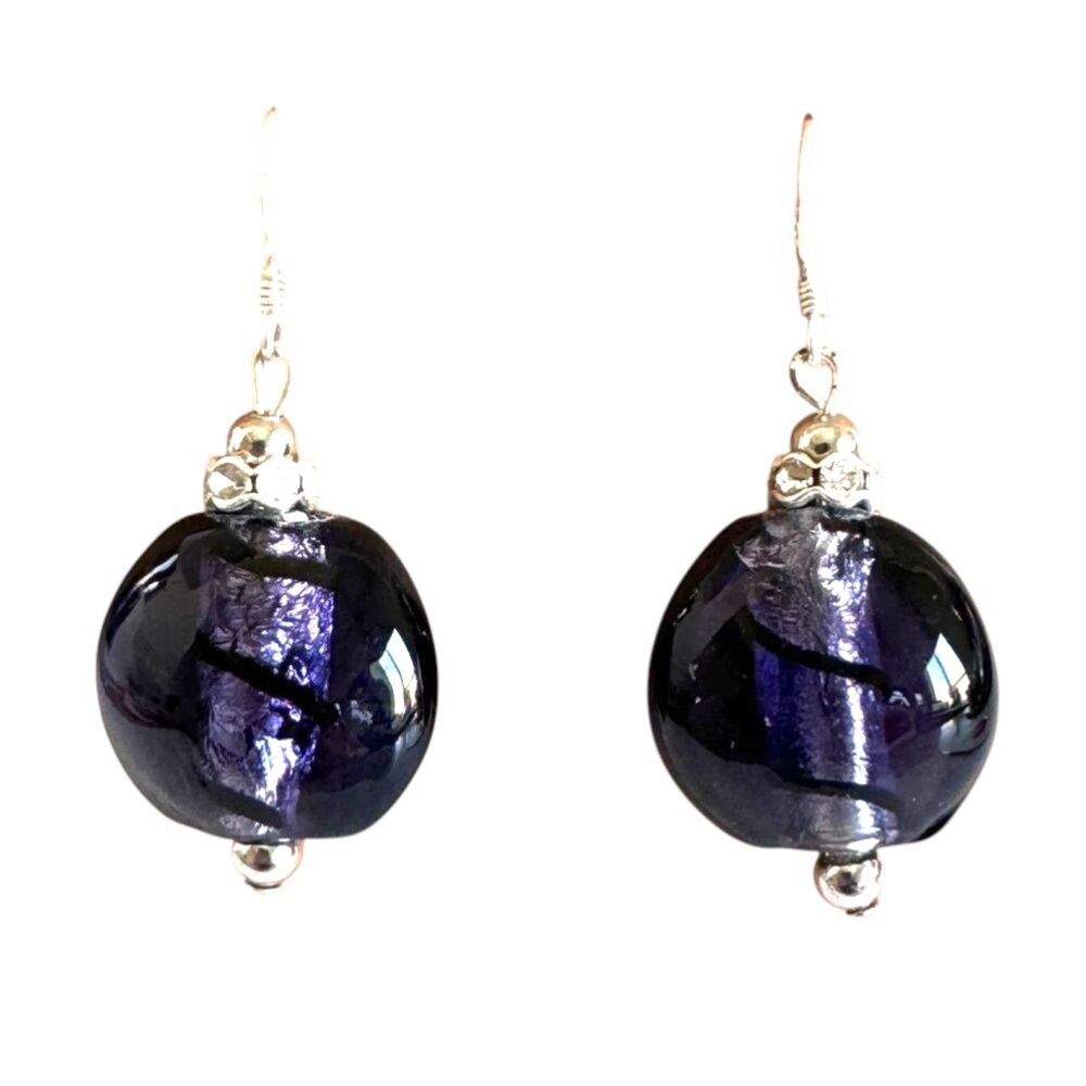 Indio Jewelry Purple & Black Murano .925 Sterling Earrings #348
